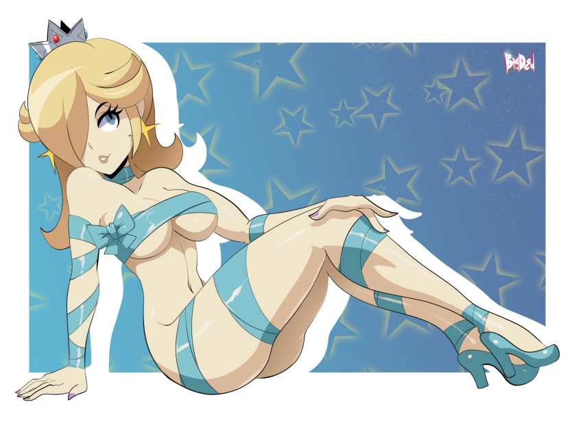 1_girl 1girl alluring bigdead93 blonde_hair breasts crown earrings female female_only hair_over_one_eye painted_nails princess_rosalina rosalina royalty sitting solo super_mario_bros.