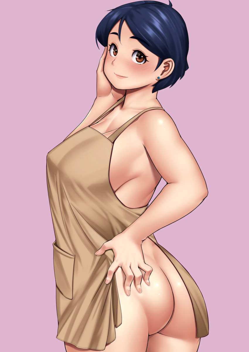 1girl apron ass big_breasts blue_hair blush breasts brown_apron brown_eyes cleavage curvy earrings hand_on_own_ass hand_up high_res jewelry looking_at_viewer milf naked_apron nemui333 original pink_background pocket short_hair simple_background smile standing stud_earrings twisted_torso