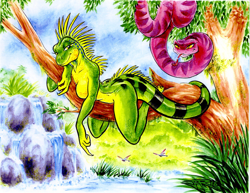 branch female furry green high_res iguana joe_rosales joeartguy jungle lizard nude pink scalie snake solo tree