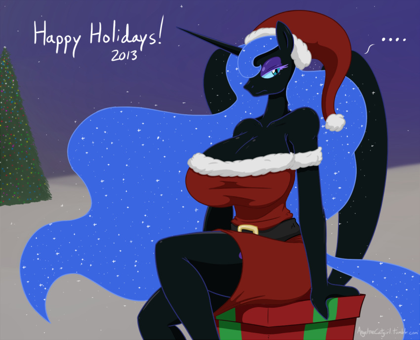 ... 2013 angelthecatgirl anthro big_breasts black_skin blue_eyes blue_hair breasts christmas cleavage equine female friendship_is_magic furry hair hat holidays horn horse huge_breasts long_hair my_little_pony nightmare_moon pony santa_hat solo winged_unicorn wings