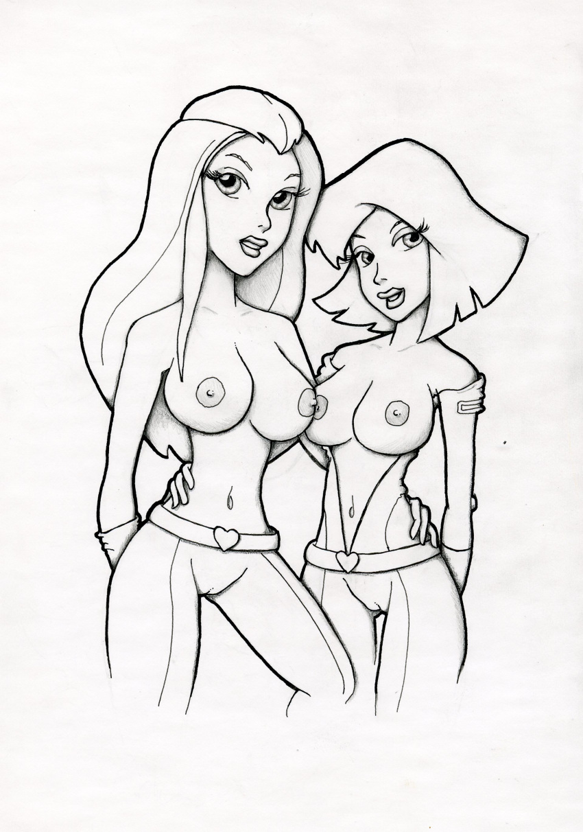 breasts clover_(totally_spies) large_breasts monochrome nipples sam_(totally_spies) sketch topless_(female) totally_spies