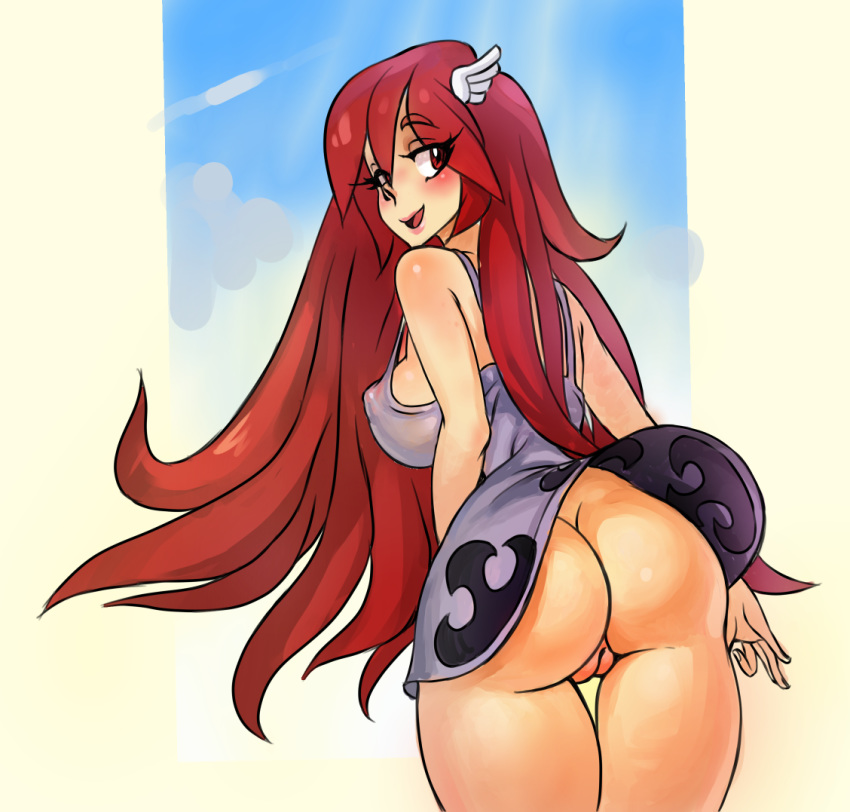1girl ass big_breasts breasts cordelia cordelia_(fire_emblem) erect_nipples fire_emblem fire_emblem:_awakening fire_emblem_heroes long_hair looking_at_viewer looking_back monochrome naughty_face nightgown nintendo no_bra no_panties one_eye_closed pussy seductive_smile sideboob smile traditional_media very_long_hair wind_lift winger_hair_ornament wink