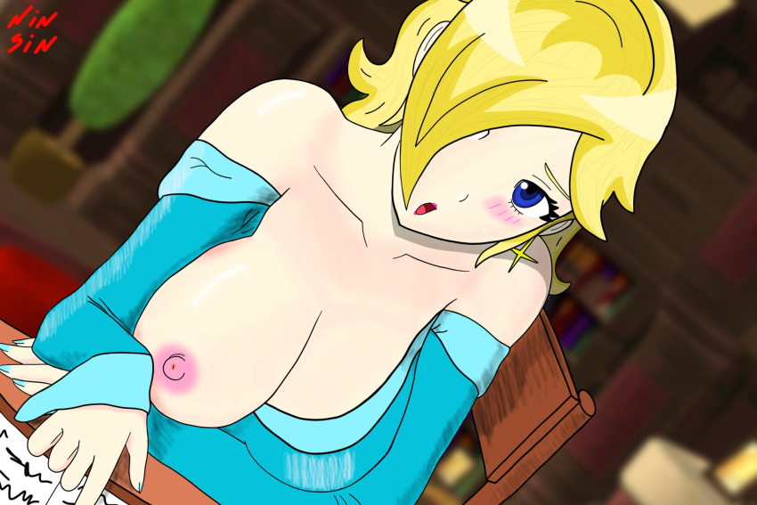 1_girl 1girl blonde blonde_hair breasts earrings exposed_breast female female_human female_only hair_over_one_eye human long_blonde_hair long_hair looking_at_viewer mostly_clothed one_breast_out one_breast_out_of_clothes princess_rosalina rosalina royalty solo star_earrings super_mario_bros.