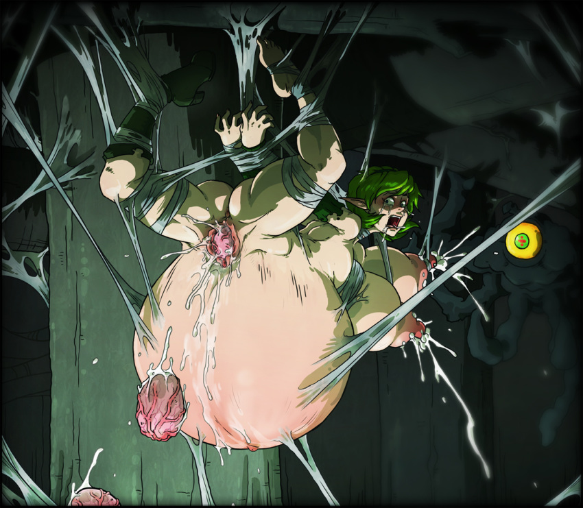 2girls arms_behind_back birth blue_eyes bondage bound_wrists breast_bondage breasts eggs female green_hair hairband helpless lactation looking_back monster nintendo nude ocarina_of_time oviposition pregnant queen_gohma saria screaming sparrow spider spider_web stomach_bulge suspension the_legend_of_zelda