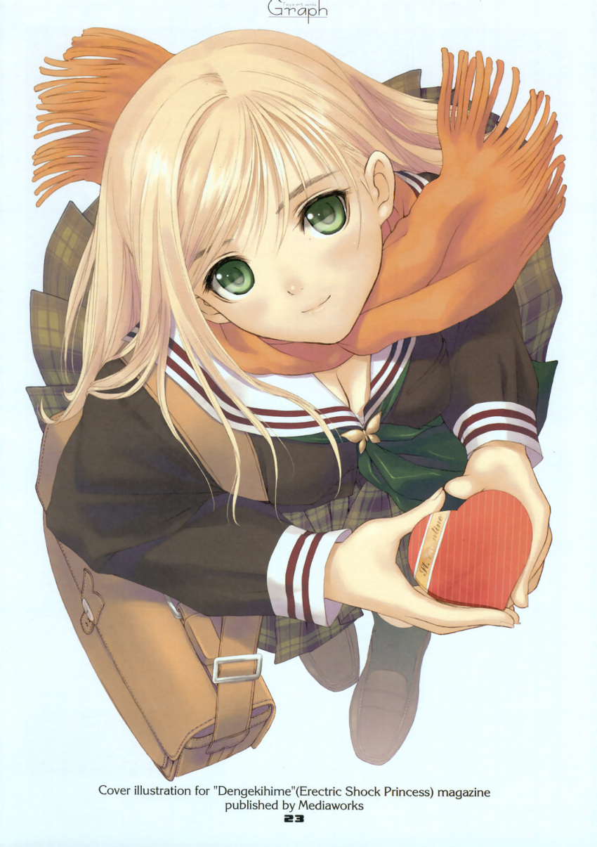 1girl bag blonde_hair box breasts cleavage dengeki_hime fringe_trim from_above green_eyes heart-shaped_box highres large_breasts loafers long_sleeves looking_at_viewer orange_scarf pleated_skirt scan scarf school_uniform shoes skirt solo tony_taka valentine