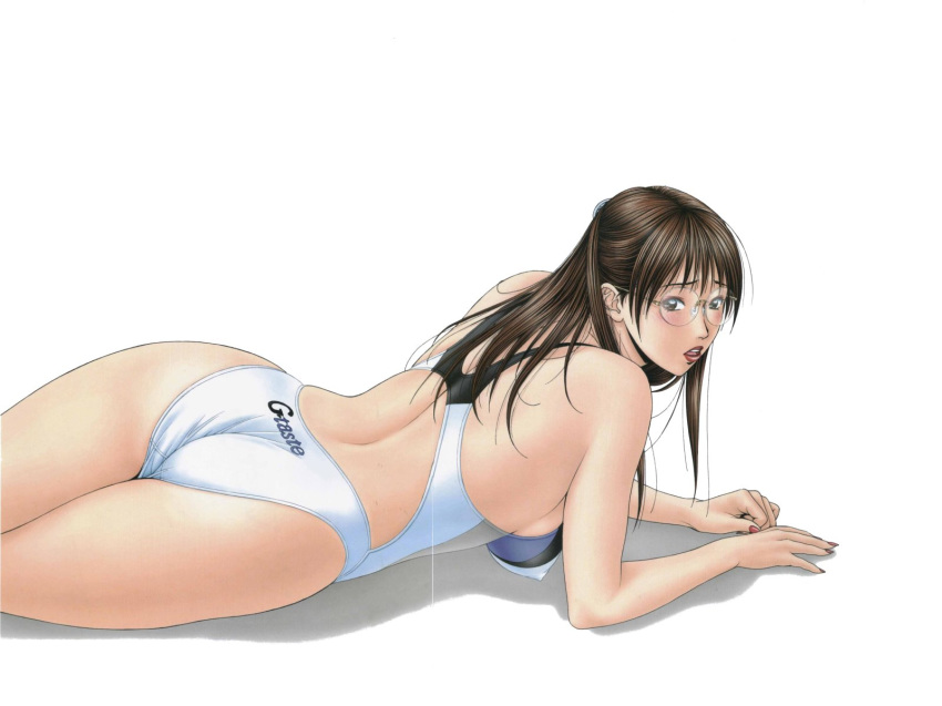 1600x1200 1girl ass back black_hair blush brown_eyes competition_swimsuit erect_nipples g-taste glasses hentai highres lipstick long_hair looking_back lying makeup mizukoshi_sayaka nail_polish on_stomach one-piece_swimsuit open_mouth red_nails solo swimsuit thighs wallpaper yagami_hiroki