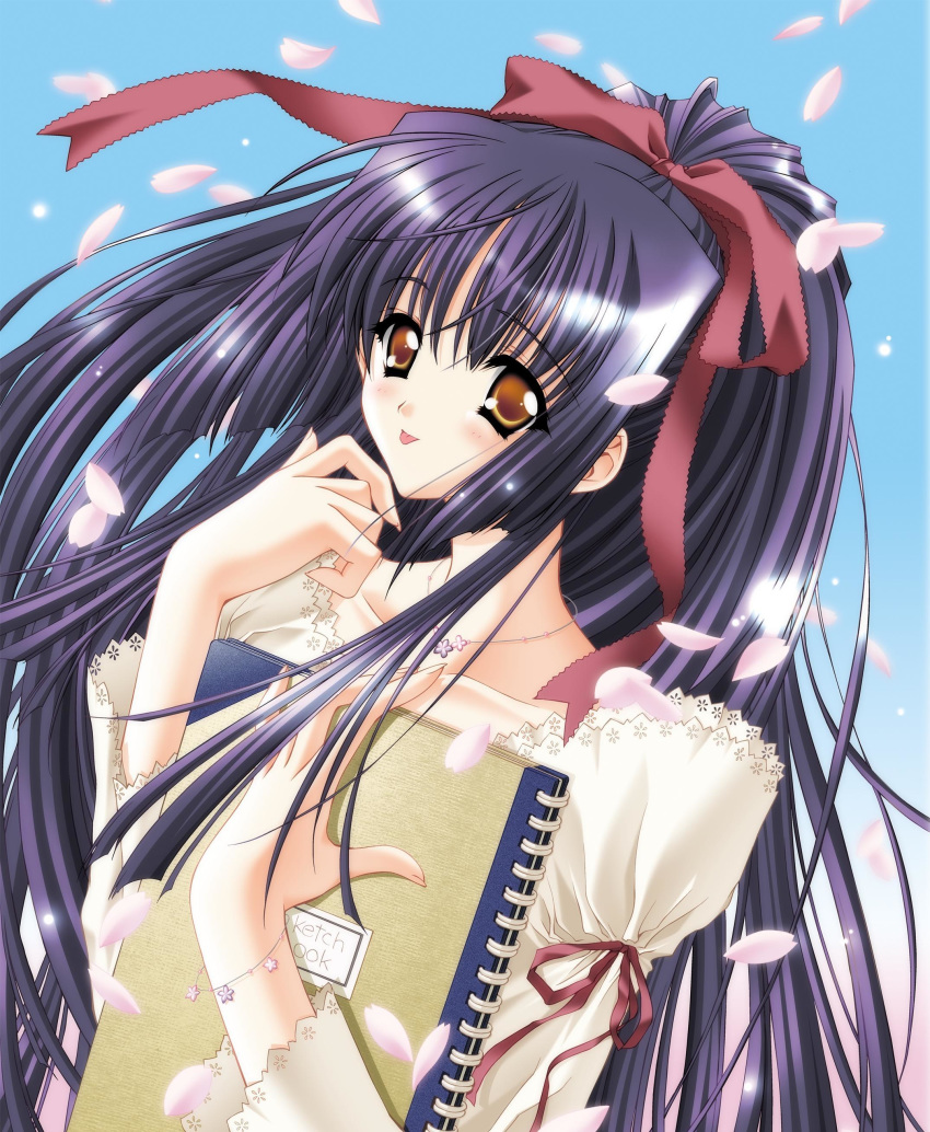 1girl absurdres bangs blue_background blush book bow carnelian collarbone english_text flower flower_necklace hair_bow highres holding holding_sketchbook jewelry kao_no_nai_tsuki kuraki_suzuna lace_trim long_hair long_sleeves necklace petals ponytail purple_hair red_bow red_ribbon ribbon sidelocks simple_background sketchbook solo tongue upper_body