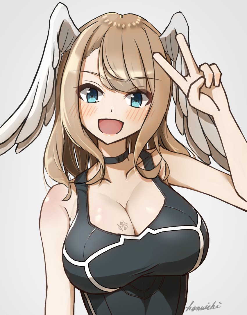 1girl alluring big_breasts black_bodysuit black_choker blue_eyes blush bodysuit breast_tattoo brown_hair choker cleavage dot_nose eunie_(xenoblade) grey_background head_wings high_res kanuici336 looking_at_viewer medium_hair nintendo open_mouth signature simple_background smile swept_bangs tattoo wings xenoblade_(series) xenoblade_chronicles_3