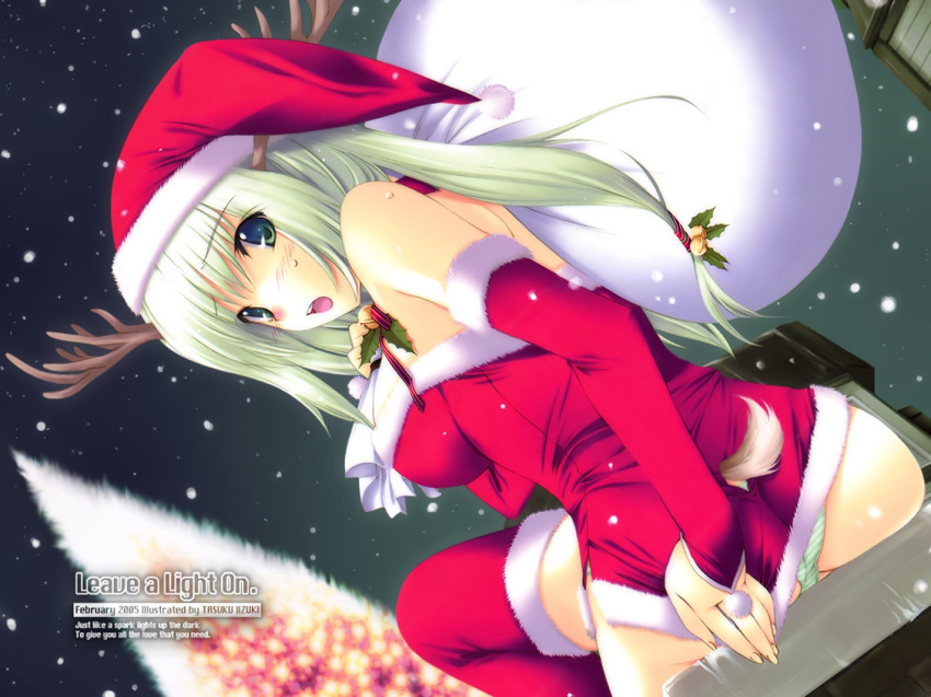 1girl 4:3_aspect_ratio antlers bell blonde_hair blush breasts christmas christmas_outfit clothing covering covering_ass dutch_angle elbow_gloves female gloves green-striped_panties green-striped_underwear green_eyes green_hair green_panties green_stripes green_underwear hat headwear holly horns iizuki_tasuku jpeg_artifacts large_breasts looking_at_viewer looking_back mistletoe night night_sky open_mouth original pantsu photoshop_(medium) red_gloves santa_costume santa_hat sky snow solo striped striped_panties striped_underwear sweat tail thighhighs underwear