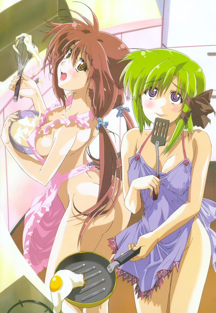 2girls :d alternate_hairstyle apron arched_back ass bangs black_bow black_ribbon blue_apron blue_eyes blue_scrunchie blush bow bowl breasts breasts_apart brown_eyes cleavage closed_mouth collarbone cooking covered_nipples cowboy_shot cream downblouse egg egg_(food) embarrassed fried_egg frilled_apron frills frying_pan green_hair grey_hair groin hair_between_eyes hair_bow hair_ornament hair_ribbon hair_scrunchie happy holding hosoda_naoto indoors kitchen lace lace_trim legs_together lips lisianthus long_hair looking_at_viewer looking_back low_twintails medium_breasts multiple_girls naked_apron official_art open_mouth parted_bangs pink_apron raised_eyebrows ribbon scrunchie shigure_asa shiny shiny_skin short_hair_with_long_locks shuffle! sideboob sidelocks smile spatula spilling standing stove tress_ribbon twintails very_long_hair whisk