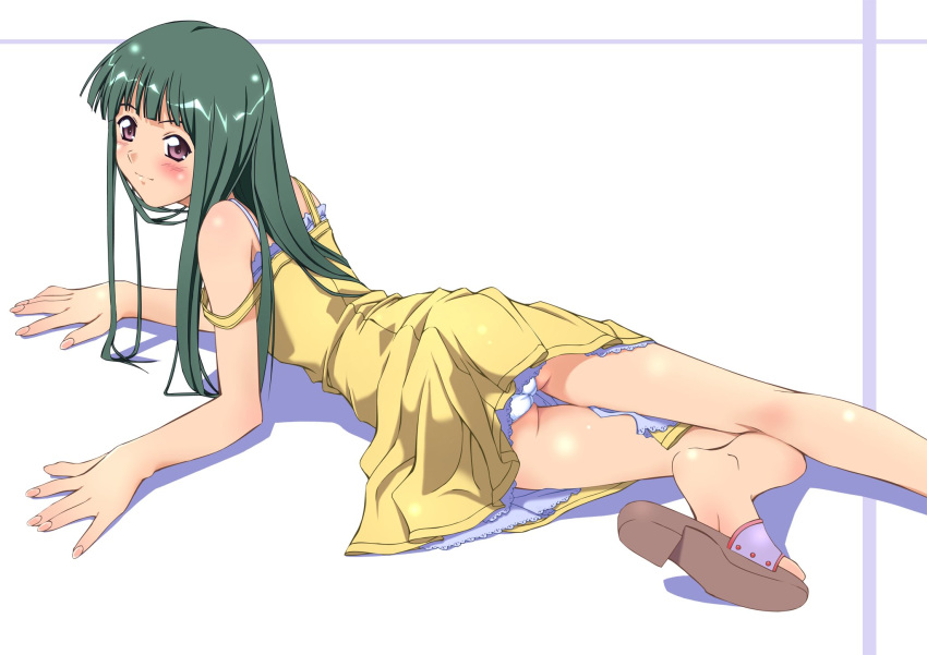 1girl dress f-ism green_hair hentai highres murakami_suigun original panties sandals solo underwear