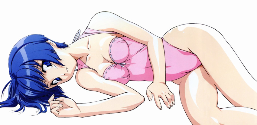 1girl ai_yori_aoshi arm_support bare_legs bare_shoulders blue_eyes blue_hair breasts casual_one-piece_swimsuit cleavage collarbone female fingernails fumizuki_kou hands hentai highleg highleg_swimsuit highres hips legs long_image looking_at_viewer lying on_side one-piece one-piece_swimsuit parted_lips pink_swimsuit sakuraba_aoi shiny shiny_skin short_hair simple_background solo swimsuit thighs white_background wide_image
