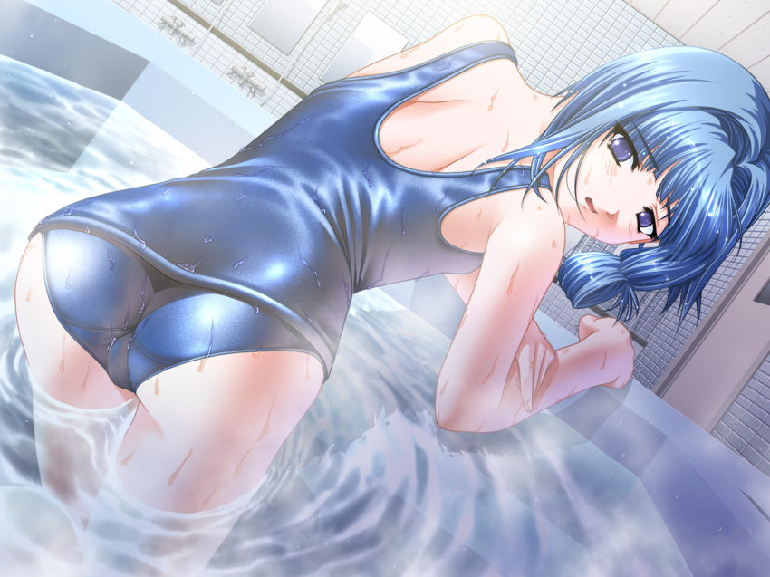 1girl ass back blue_eyes blue_hair from_behind game_cg hair_intakes hentai hiiro_yuki kneeling leaning_forward looking_back one-piece_swimsuit open_mouth school_swimsuit sena_shiori shadow shiny shiny_clothes short_hair solo swimsuit trefoil wading water wet yuuguu_settai