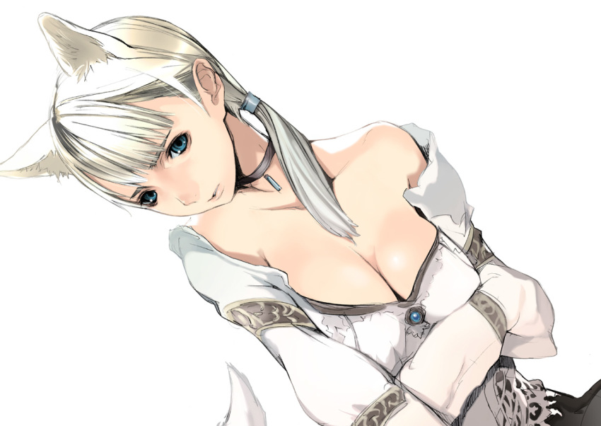 1girl animal_ears bangs bare_shoulders blonde_hair blouse blue_eyes breasts capcom catgirl choker cleavage collar demento edited embroidery eyebrows fiona_belli hair_tie haunting_ground hentai hewie houden_eizou jewelry lace large_breasts long_hair low_cut_blouse nekomimi off_shoulder photoshop ponytail solo tail white_background