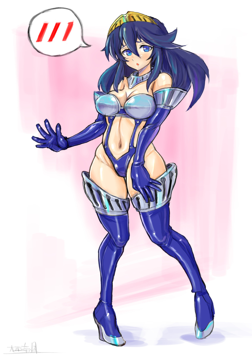 1girl :o adapted_costume alluring alternate_costume bare_thighs blue_eyes blue_footwear blue_gloves blue_hair boots cosplay elbow_gloves embarrassed female_only fire_emblem fire_emblem:_awakening fire_emblem_awakening gloves high-cut_armor high_res latex latex_gloves leotard long_hair looking_at_viewer looking_to_the_side lucina lucina_(fire_emblem) midriff midriff_baring_shirt navel nintendo oomasa_teikoku open_mouth persona solo_female speech_bubble spoken_blush stockings thigh_high_boots