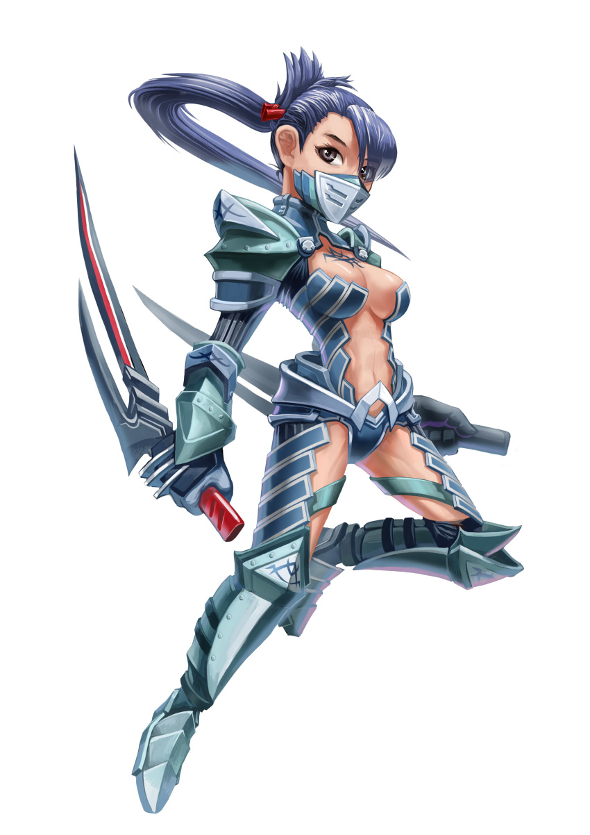 armor blue_hair boots brown_eyes female flyff gloves high_res highres mask ponytail solo sword tattoo warrior weapon