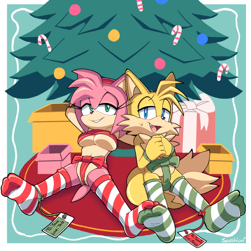amy_rose anthro anthro_only christmas fox furry furry_only miles_"tails"_prower sega senshion text
