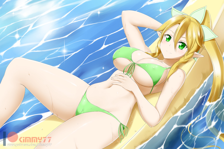 1girl alluring bare_shoulders big_breasts bikini blonde_hair blush braid breasts cleavage closed_mouth dutch_angle elf erect_nipples eyebrows_visible_through_hair front-tie_top green_bikini green_eyes hair_between_eyes inflatable_raft kimmy77 leafa long_hair looking_at_viewer lying navel on_back pointy_ears ponytail shiny shiny_hair shiny_skin side-tie_bikini smile swimsuit sword_art_online twin_braids very_long_hair voluptuous water wet