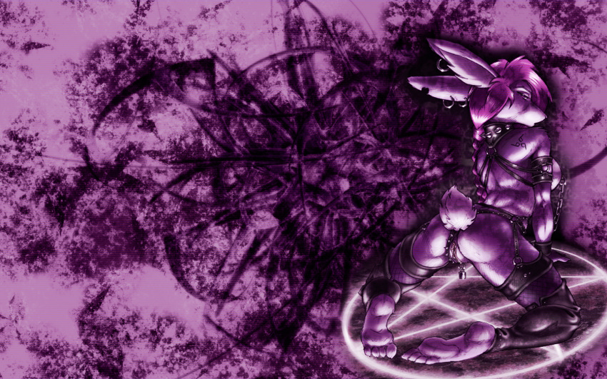 1680x1050 ass braid bunny_ears bunny_tail demon feet furry kneeling nipple_chain piercing purple purple_background pussy tail wallpaper