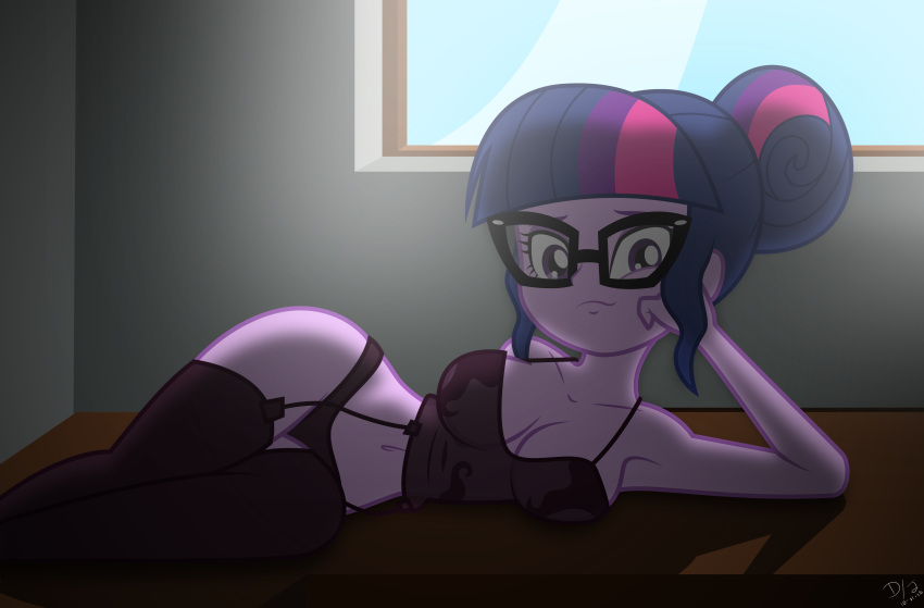 1girl breasts discorded-joker equestria_girls female female_only friendship_is_magic garter_straps glasses indoors lingerie looking_at_viewer lying mostly_nude my_little_pony nipples no_bra on_side panties see-through solo stockings twilight_sparkle twilight_sparkle_(mlp)