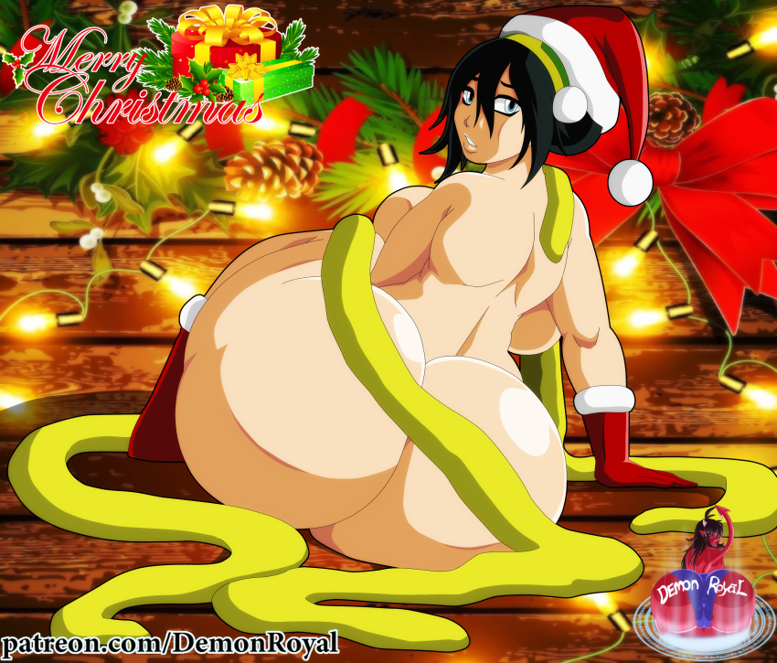 ass avatar:_the_last_airbender big_ass big_breasts breasts christmas dat_ass demonroyal_(artist) female looking_at_viewer looking_back santa_hat solo toph_bei_fong