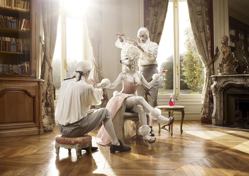 advertisement canine cleavage dog drink fancy female france furry high_heels human martini orangina poodle rich romain_laurent sitting white_hair
