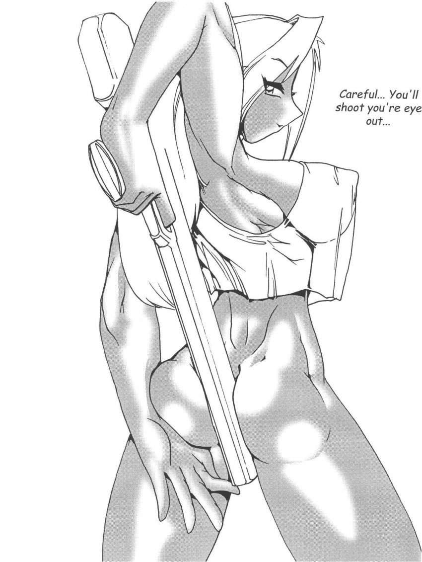 ass breasts butt comic_sans female fred_perry gun hand_cannon human looking_back looking_behind monochrome revolver sideboob solo solo_female weapon