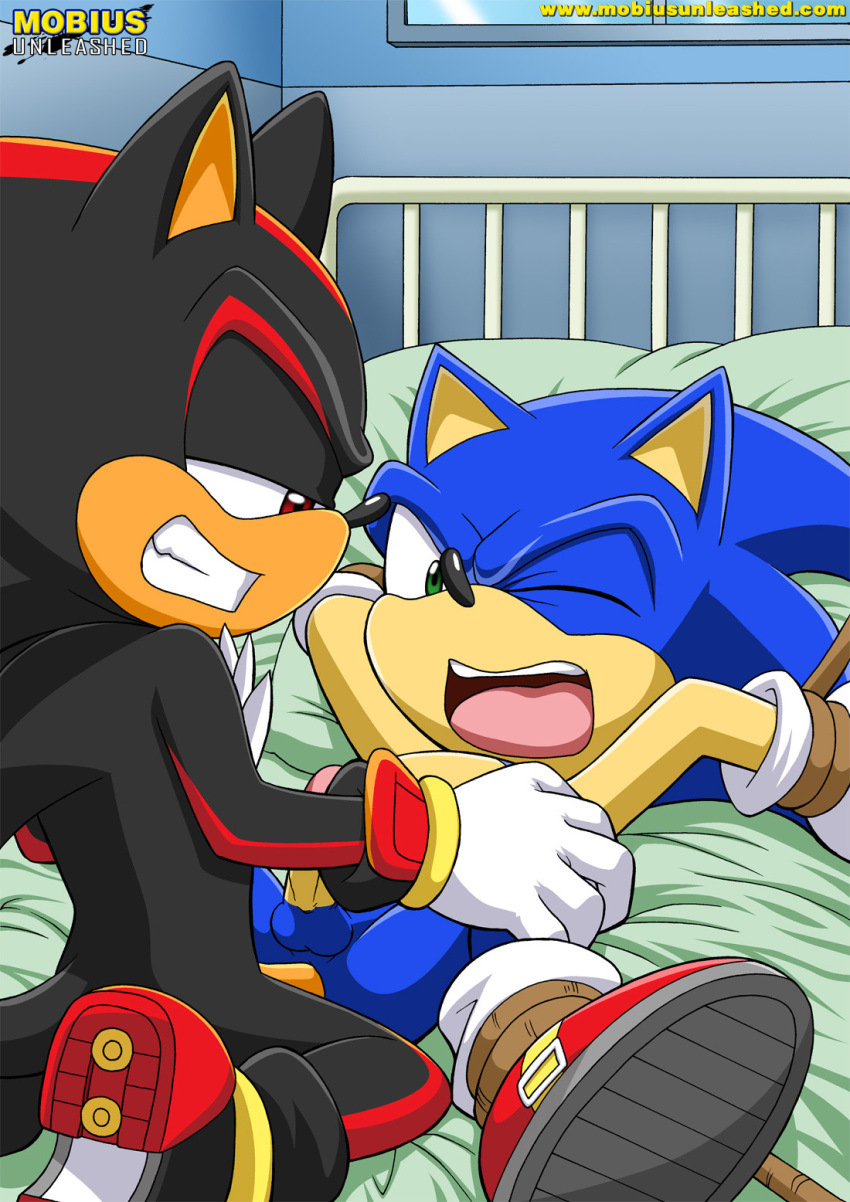 anal anal_penetration bbmbbf bdsm bed black blue bondage gay green_eyes hedgehog male mobius_unleashed on_back one_eye_closed open_mouth palcomix penetration penis rape red_eyes red_markings sega shadow_the_hedgehog sonic_(series) sonic_the_hedgehog sonic_the_hedgehog_(series) tail testicle testicles yaoi