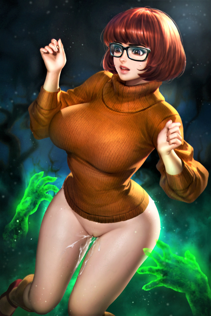 ass big_breasts bottomless glasses no_panties pussy_juice scooby-doo shaved_pussy sweater thighs velma_dinkley