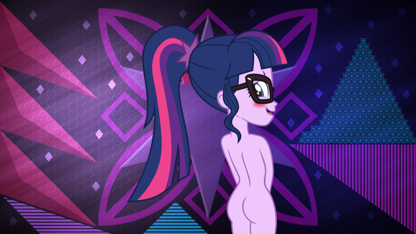 1_girl 1girl ass bespectacled blush equestria_girls female female_only friendship_is_magic glasses long_hair looking_at_viewer my_little_pony naked_glasses nude ponytail solo standing twilight_sparkle twilight_sparkle_(mlp)