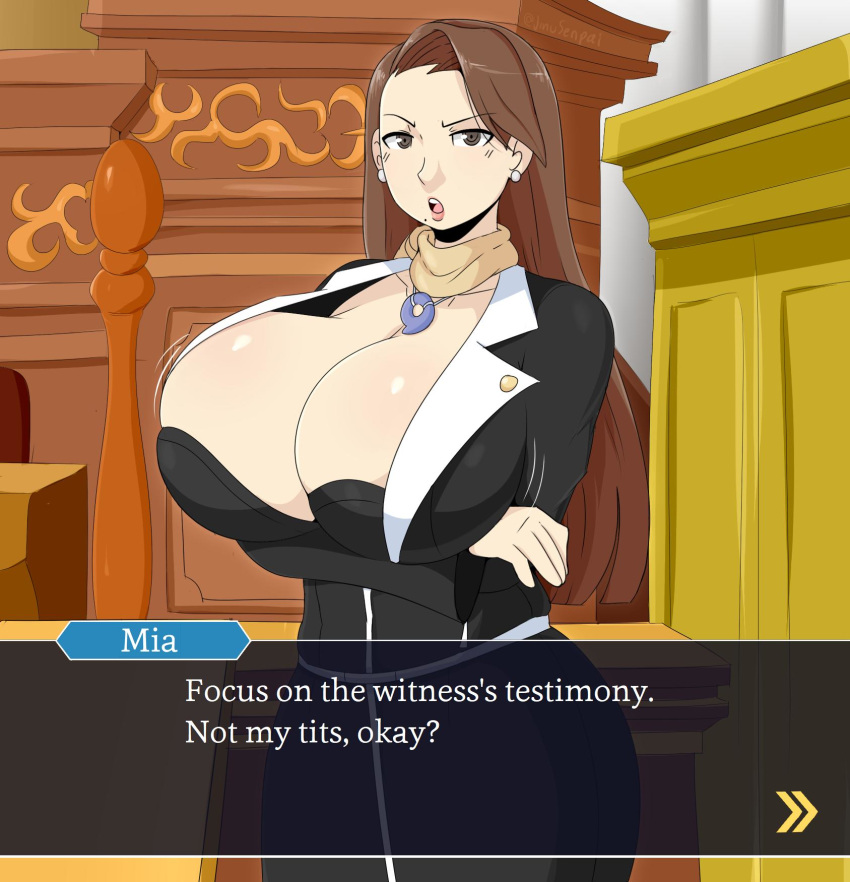 1girl ace_attorney arms_crossed breasts brown_eyes brown_hair business_suit cleavage earrings huge_breasts indoors jinu long_hair looking_at_viewer mia_fey mole_under_mouth necklace open_mouth scarf text text_box