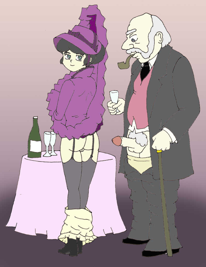 age_difference boots bottle coat cups dress_lift dress_removed gspy2901 hat holding_penis long_socks no_panties old_man pants_down penis pipe smaller_female table teenage_girl ugly_man walking_stick wine_bottle younger_female