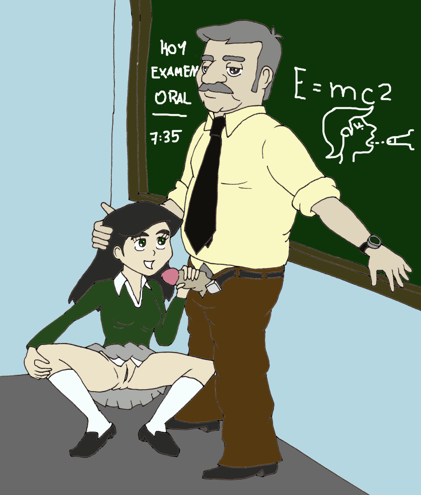1_boy 1girl 1girl age_difference bent_over blackboard gspy2901 no_panties old_man oral_invitation oral_sex partially_clothed penis pussy school_girl school_room school_uniform schoolgirl skirt_lift smaller_female teacher