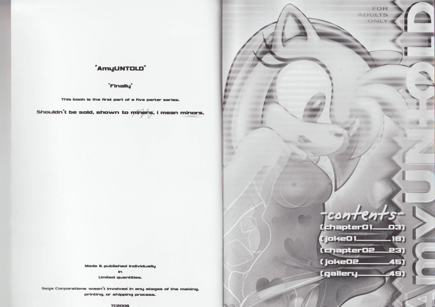 absurd_res amy_rose amy_untold breasts comic doujin female hedgehog high_res monochrome nipples panties sega skirt solo sonic_(series) sonic_the_hedgehog_(series) table_of_contents tc text underwear