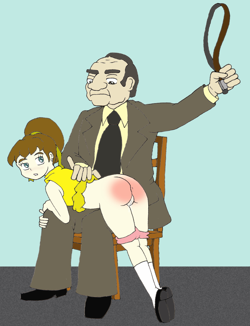 1girl ass belt chair dress_lift excited father_&amp;_daughter gspy2901 hairband horse_tail leaning_on_person otk over_the_knee panties_around_legs panties_down pants_down petite punishment pussy pussy_juice red_ass skin_contrast spank spanked spanking