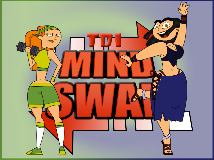 black_hair breasts cartoon_network cleavage curly_hair drago-flame dumbbell eva_(tdi) green_eyes hourglass_figure izzy_(tdi) navel open_mouth orange_hair ponytail shorts smile thick_ass thick_legs thick_thighs total_drama_island whale_tail