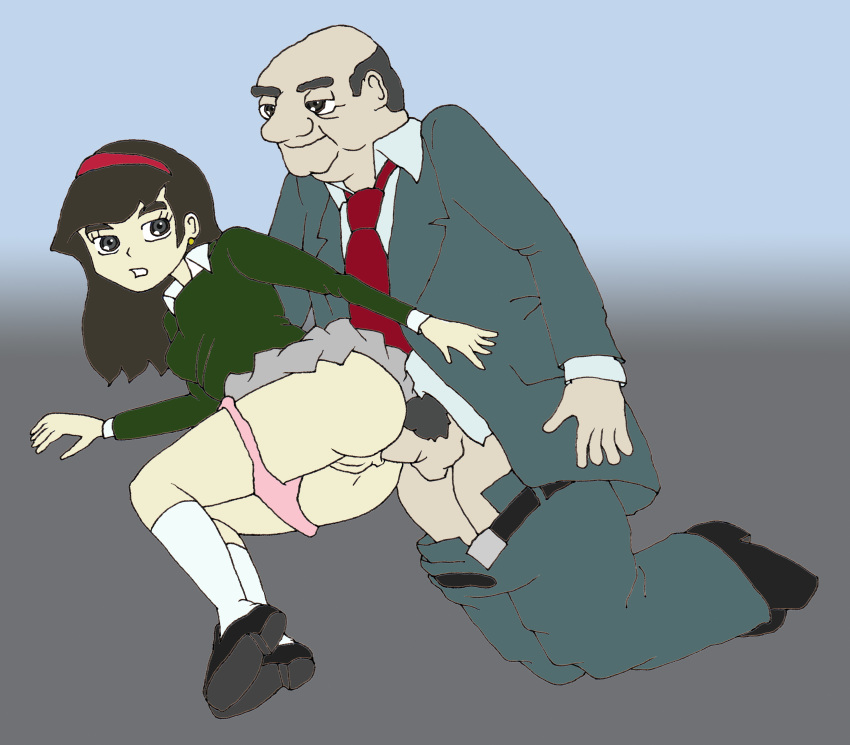 1girl age_difference anal anal_penetration anal_sex ass bald doggy_position gspy2901 jacket lying lying_on_floor old_man panties_down pants_down penis pussy school_girl school_uniform schoolgirl skirt_lift smaller_female teacher