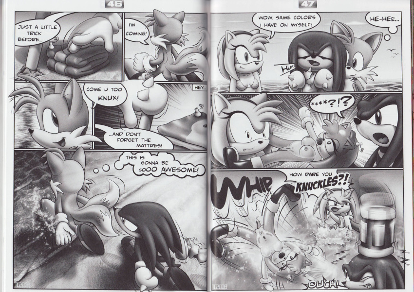 absurd_res amy_rose amy_untold beach bikini breasts canine comic doujin female fox hammer hedgehog high_res knuckles_the_echidna male male/female miles_"tails"_prower monochrome nipples prank pussy sand seaside sega sex_toy skimpy sonic_(series) sonic_the_hedgehog_(series) tc text umbrella water