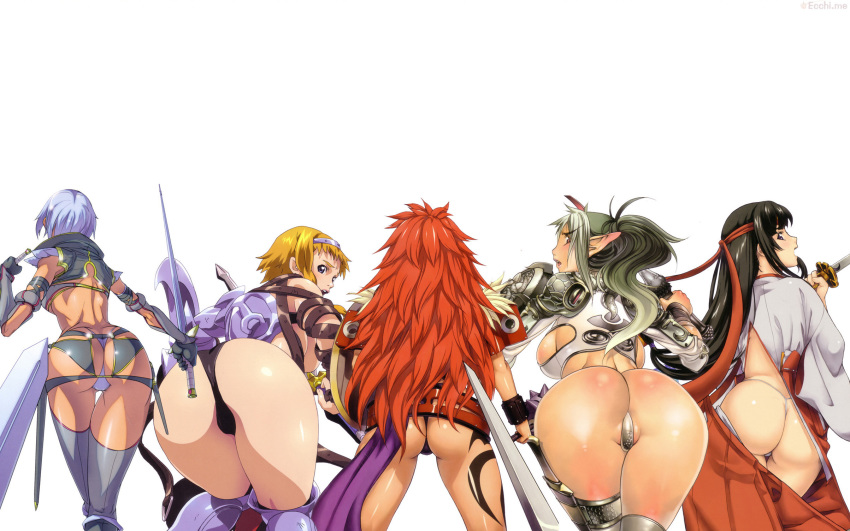 armor ass blonde_hair breasts echidna echidna_(queen's_blade) huge_ass leina leina_(queen's_blade) lipstick miko musha_miko queen's_blade red_hair risty risty_(queen's_blade) shield sword thong tomoe tomoe_(queen's_blade) view_from_behind weapon