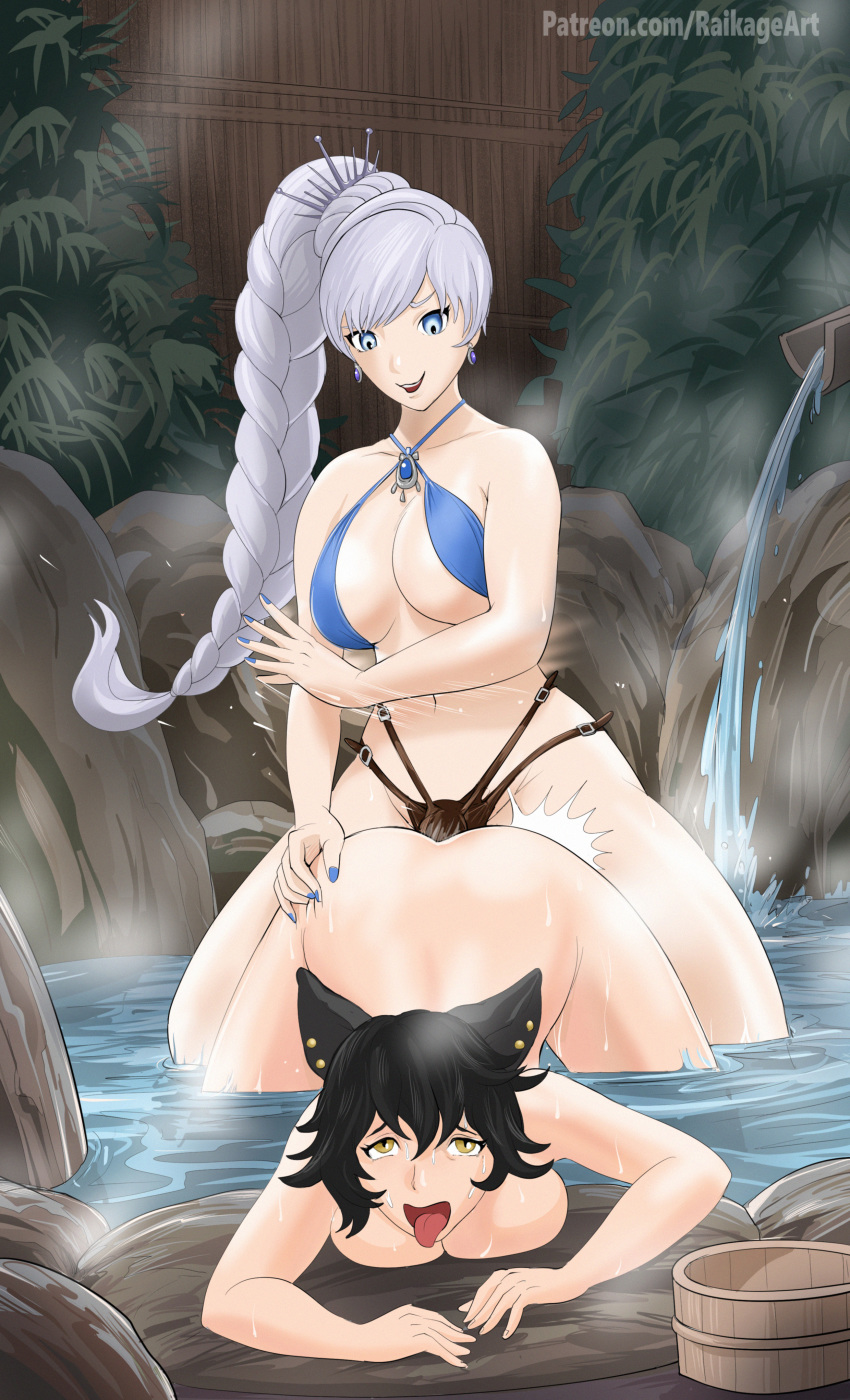 2_girls 2girls age_difference ambiguous_penetration big_breasts bikini black_hair braid breasts clothed_female_nude_female female female/female female_only in_water kali_belladonna long_hair medium_breasts moaning multiple_females multiple_girls nude open_mouth penetration raikageart rwby short_hair side_ponytail single_braid smile spanking strap-on weiss_schnee yuri