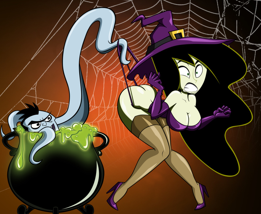 ass ass_crack black_eyes black_hair blue_skin bubble_butt embarrassing funny gloves green_eyes green_skin grimphantom grimphantom_(artist) halloween high_heels kim_possible long_hair monster panties purple_panties shego shiny shiny_skin short_hair smile stockings surprise thong underwear wedgie witch_hat
