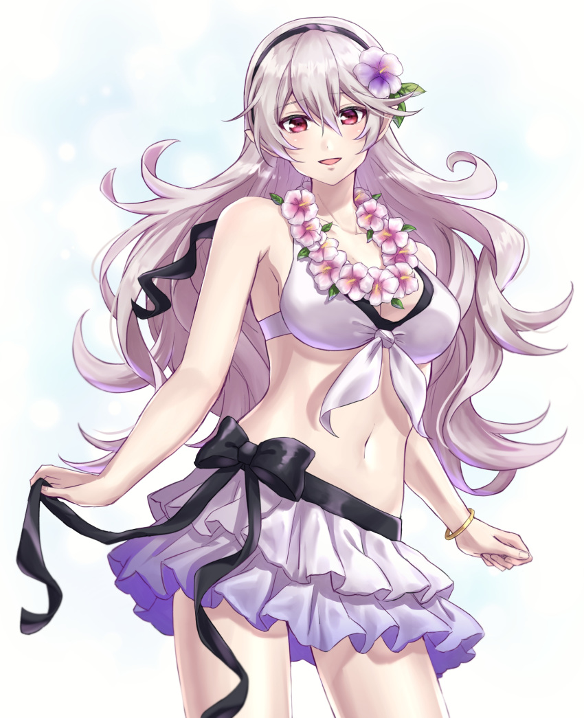 1girl 1girl :d alluring alternate_costume bangs bare_arms bikini bikini_skirt bikini_top_only black_bow black_hairband bow bracelet breasts cleavage collarbone contrapposto corrin_(fire_emblem) corrin_(fire_emblem)_(female) fire_emblem fire_emblem_fates fire_emblem_heroes floating_hair flower front-tie_bikini front-tie_top hair_between_eyes hair_flower hair_ornament hairband high_res jewelry layered_skirt long_hair looking_at_viewer medium_breasts miniskirt navel nintendo official_alternate_costume open_mouth pleated_skirt pointy_ears red_eyes shinae silver_hair simple_background skirt smile standing swimsuit very_long_hair white_background white_bikini white_flower white_skirt