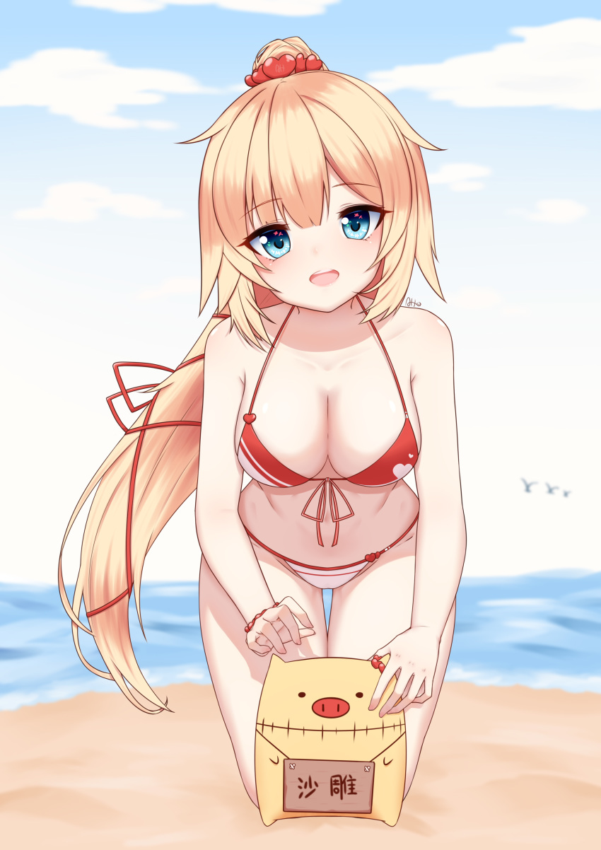 1girl 1girl 1girl akai_haato anhun bangs beach big_breasts bikini blonde blue_eyes breasts cleavage day eyebrows_visible_through_hair front-tie_bikini front-tie_top hair_ornament hair_ribbon high_resolution hololive leaning_forward long_hair long_ponytail looking_at_viewer medium_breasts ocean open_mouth outside ponytail ribbon sand scrunchie smile string_bikini stuffed_animal stuffed_toy swimsuit symbol symbol_commentary thigh_gap tied_hair upper_teeth very_high_resolution very_long_hair virtual_youtuber wrist_scrunchie