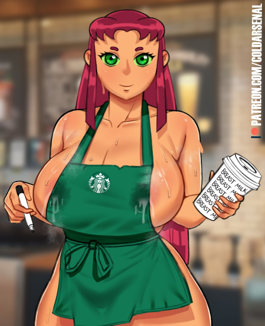 1girl apron breasts coldarsenal dc_comics female_focus female_only ginger_hair green_apron green_eyes huge_breasts iced_latte_with_breast_milk lactation leaking_milk looking_at_viewer marker meme naked_apron red_hair simple_background solo_female solo_focus starbucks starbucks_breastmilk_meme starfire sweat sweatdrop sweaty teen_titans thick_thighs wide_hips