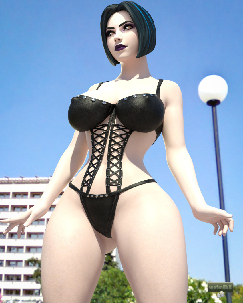 1girl 1girl 1girl 3d 3d_(artwork) background big_breasts black_lingerie dark_blue_hair day dc_comics female_only fortnite goth lingerie lipstick looking_at_viewer nipple_bulge outside rachel_roth raven_(dc) teen_titans thick_thighs white_body white_skin wide_hips wotm8h8