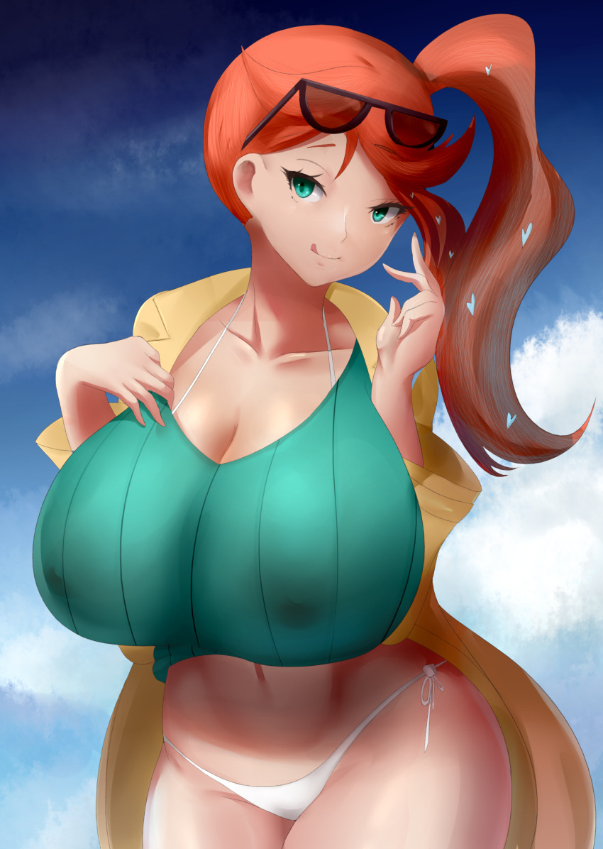 1girl 1girl 1girl abs alternate_breast_size areola ass big_ass big_breasts big_breasts bikini breasts breasts_bigger_than_head cleavage clothed_female coat erect_nipples eye_contact female_focus female_only glasses glasses_on_head hair_ornament half-closed_eyes heart hourglass_figure huge_breasts human human_only large_ass licking_lips long_hair looking_at_viewer midriff nintendo nipples orange_hair outside panties pokemon pokemon_ss ponytail pose sana!rpg shirt solo_female solo_focus sonia_(pokemon) standing swimsuit_under_clothes tank_top thick_thighs tongue tongue_out uncensored video_game_character video_game_franchise wide_hips