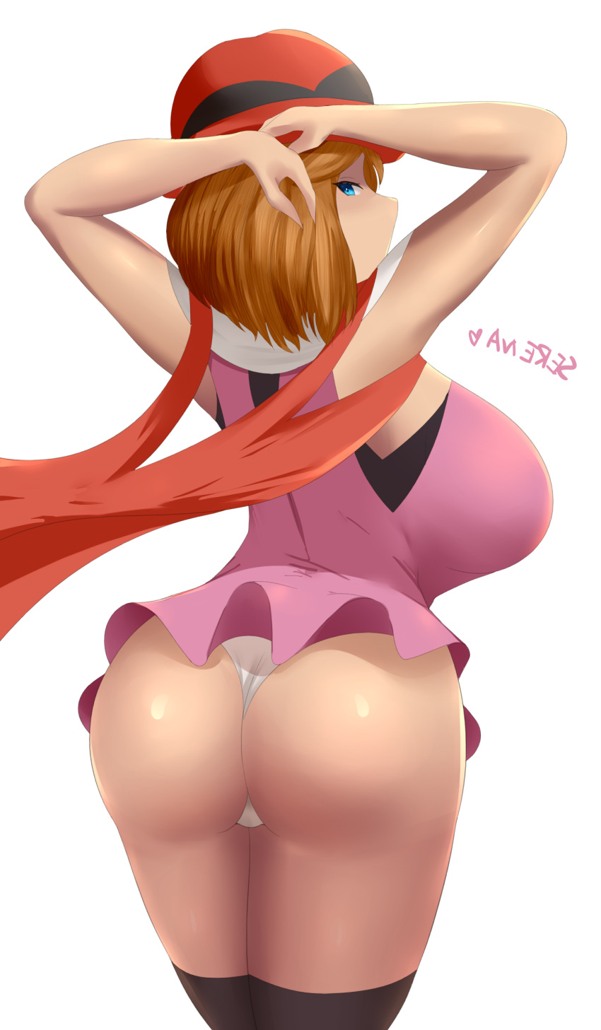 1girl 1girl 1girl alternate_breast_size armpits arms_up ass back big_ass big_breasts blonde_hair blue_eyes breasts clothed clothed_female eye_contact female_focus fully_clothed half-closed_eyes hat heart high_res high_resolution huge_ass huge_breasts human human_only looking_at_viewer looking_back looking_back_at_viewer nintendo over_shoulder panties pokemon pokemon_xy pose sana!rpg scarf serena_(pokemon) short_hair sideboob solo_female solo_focus standing thick_thighs thong underwear video_game_character video_game_franchise wedgie white_background white_panties white_underwear wide_hips