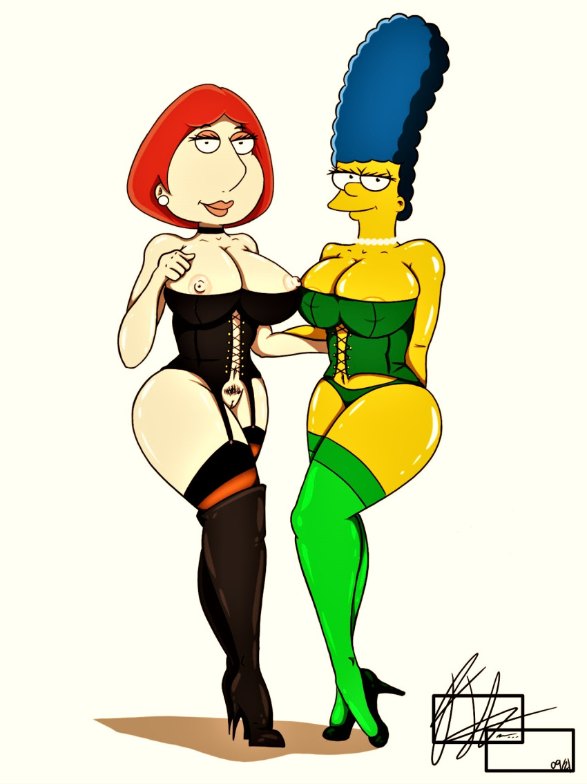 ass boots breasts corset crossover erect_nipples family_guy lois_griffin marge_simpson pussy stockings stockings the_simpsons thighs thong