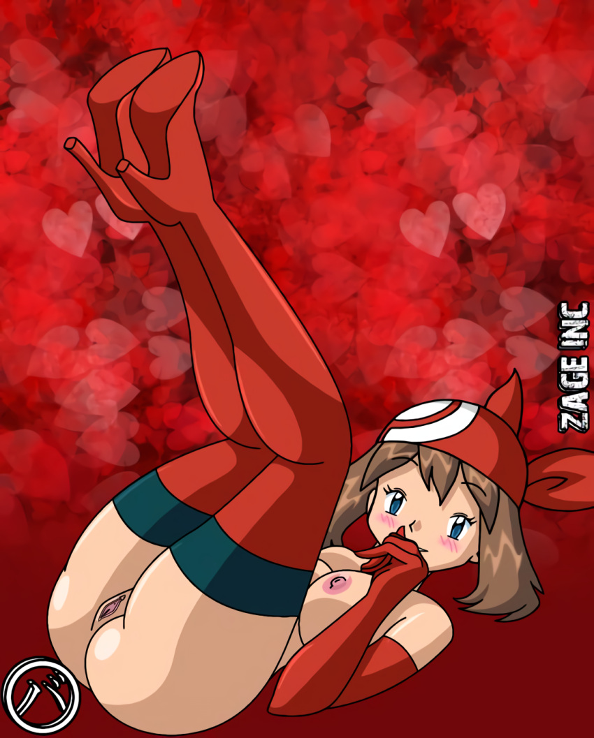 alluring breasts elbow_gloves haruka_(pokemon) hot kageta lake_art may may_(pokemon) nintendo nipples on_floor pokemon pokemon_(anime) posing pussy sexy thighhigh_boots voluptuous zage_inc