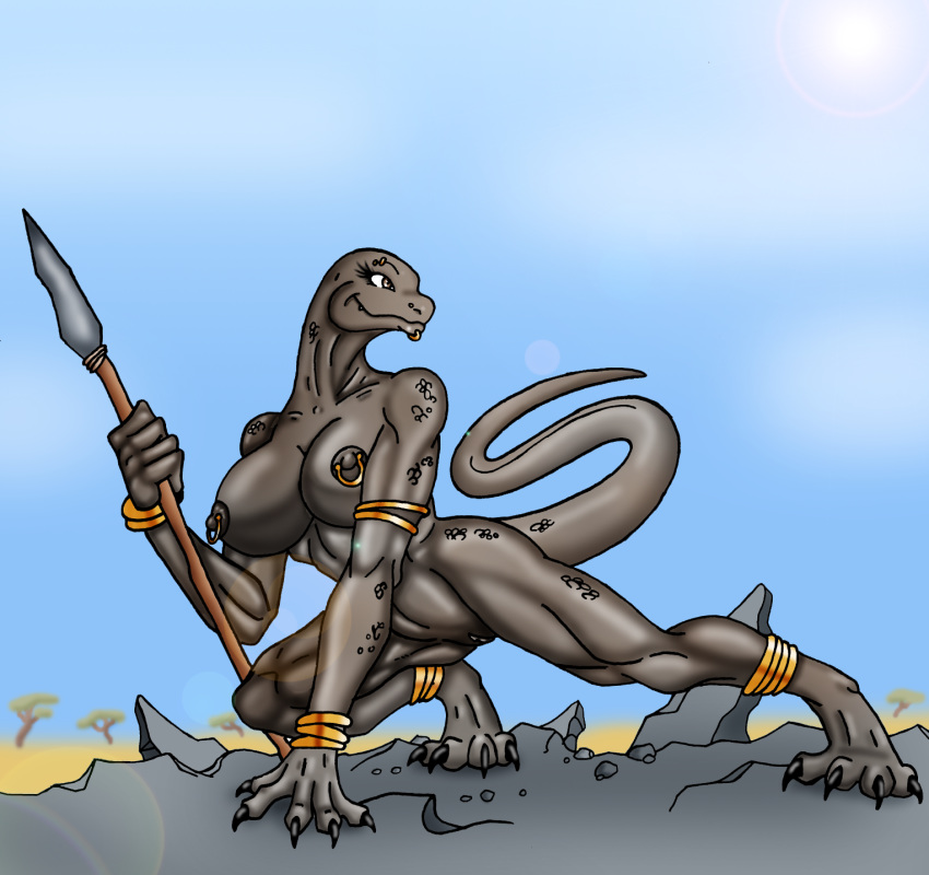 big_breasts breasts desert dinosaur female furry jewelry lordstevie lordstevie_(artist) mountain nude polearm primative pussy reptile scalie solo spear tail tribal